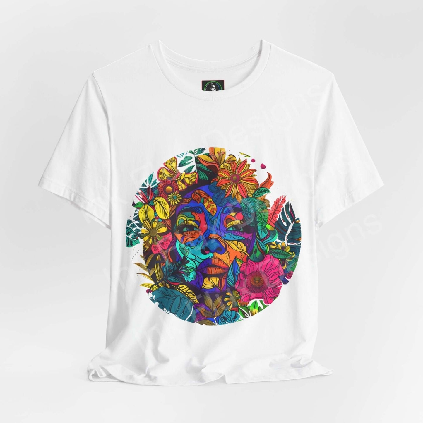 Unisex white T-shirt featuring a bold, psychedelic graphic of Mother Earth with vivid, trippy floral elements, crafted by Bella+Canvas for style and comfort.