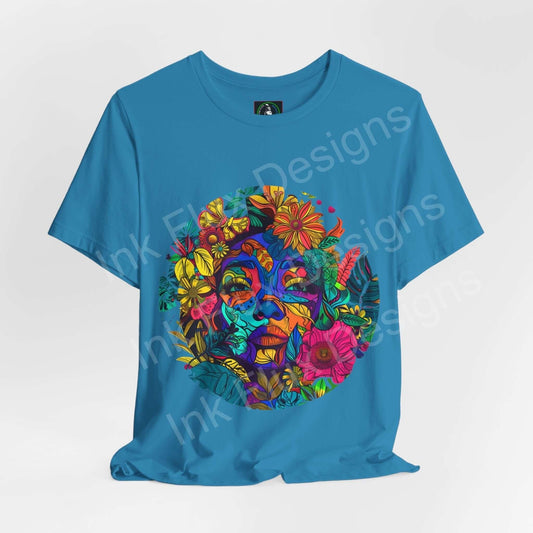 Vibrant blue unisex T-shirt featuring a bold, psychedelic graphic of Mother Earth, with lush floral and abstract elements.