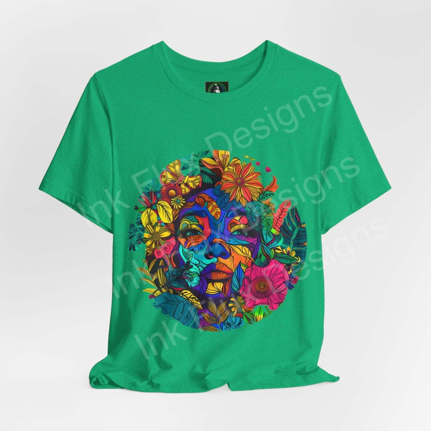 Green unisex T-shirt featuring bold, psychedelic graphic print with vibrant floral and abstract patterns, perfect for a trippy style.