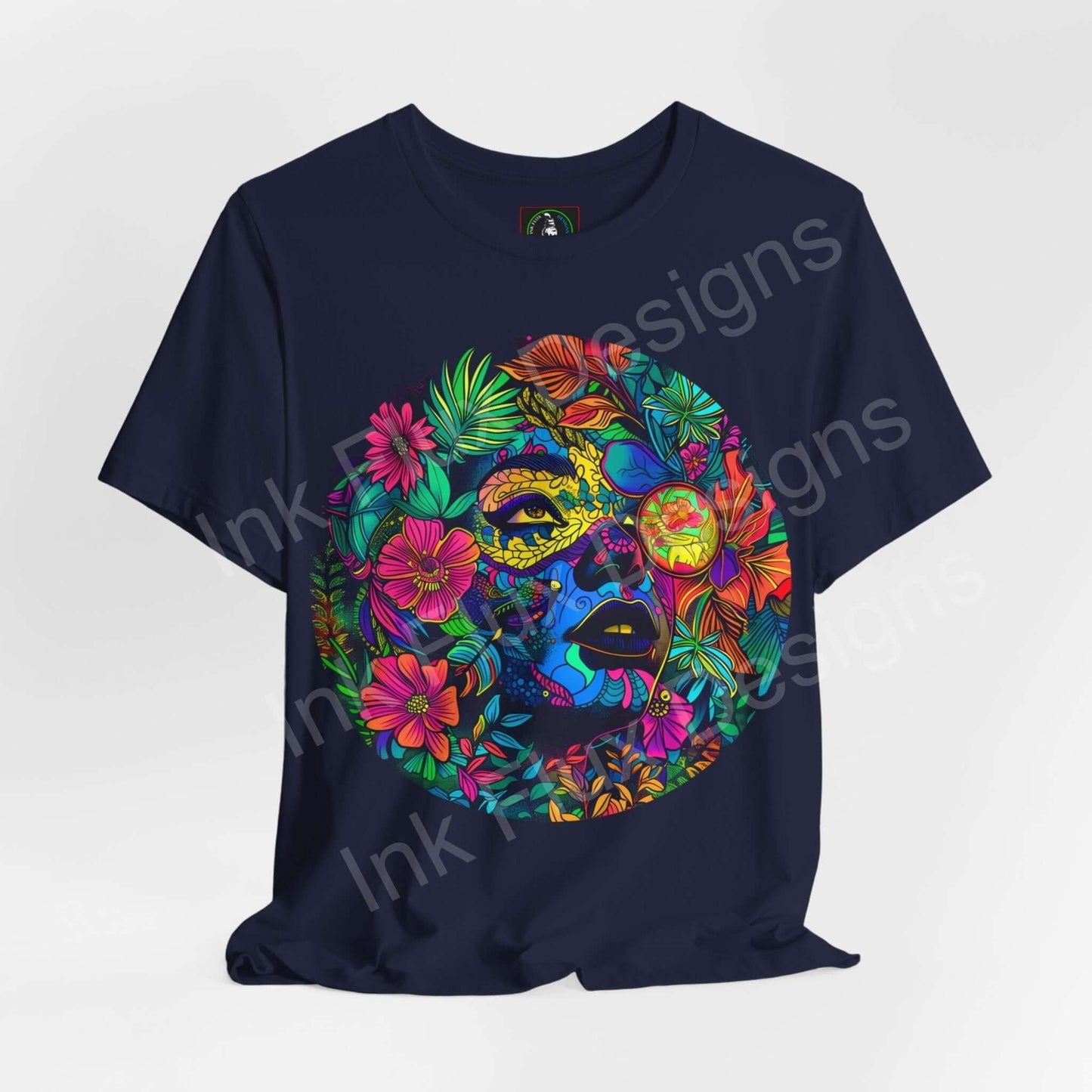 Navy blue unisex T-shirt featuring bold psychedelic graphic of a colorful floral and skull design, perfect as trippy, stylish apparel.