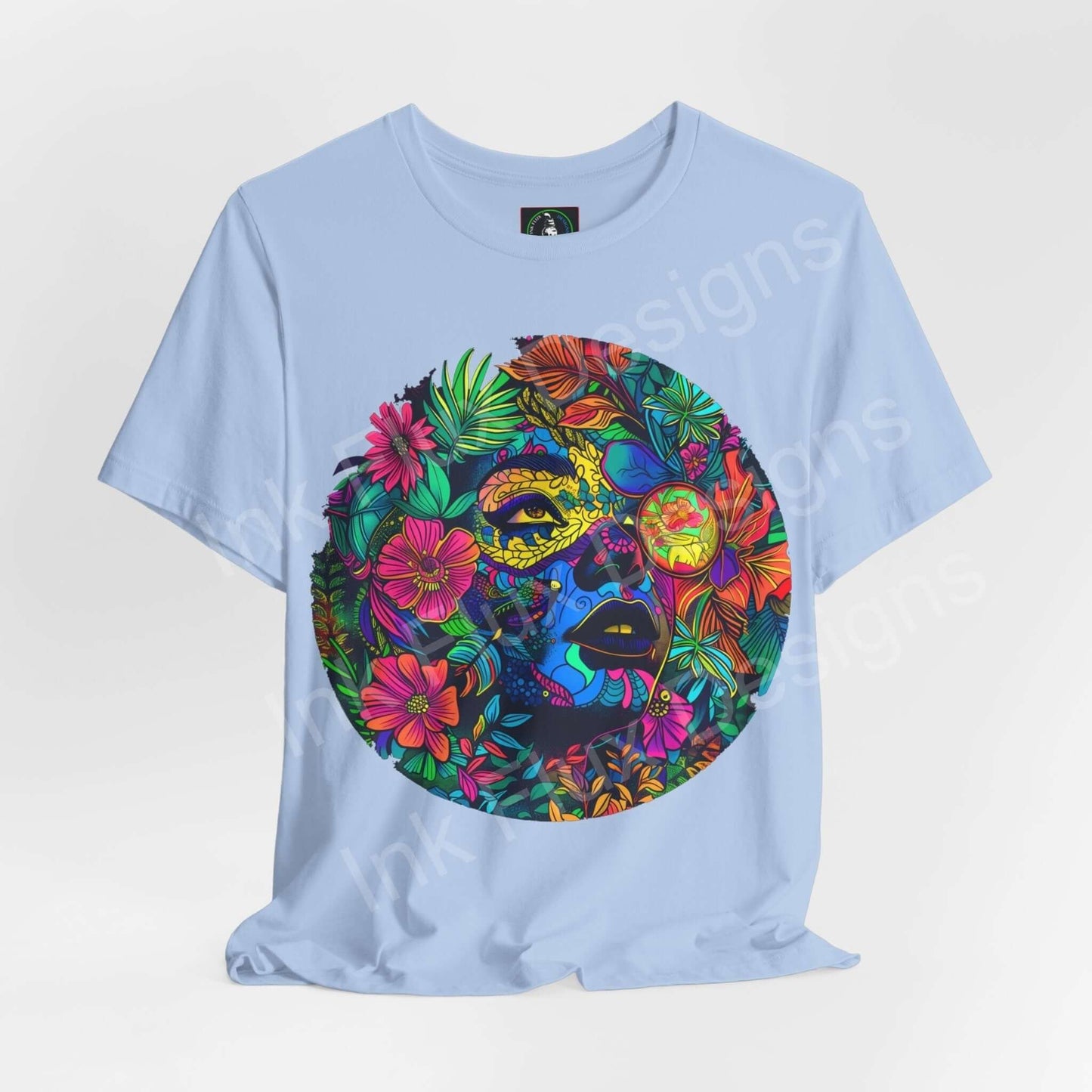 Light blue unisex jersey T-shirt featuring bold psychedelic graphic with vibrant flowers and trippy patterns