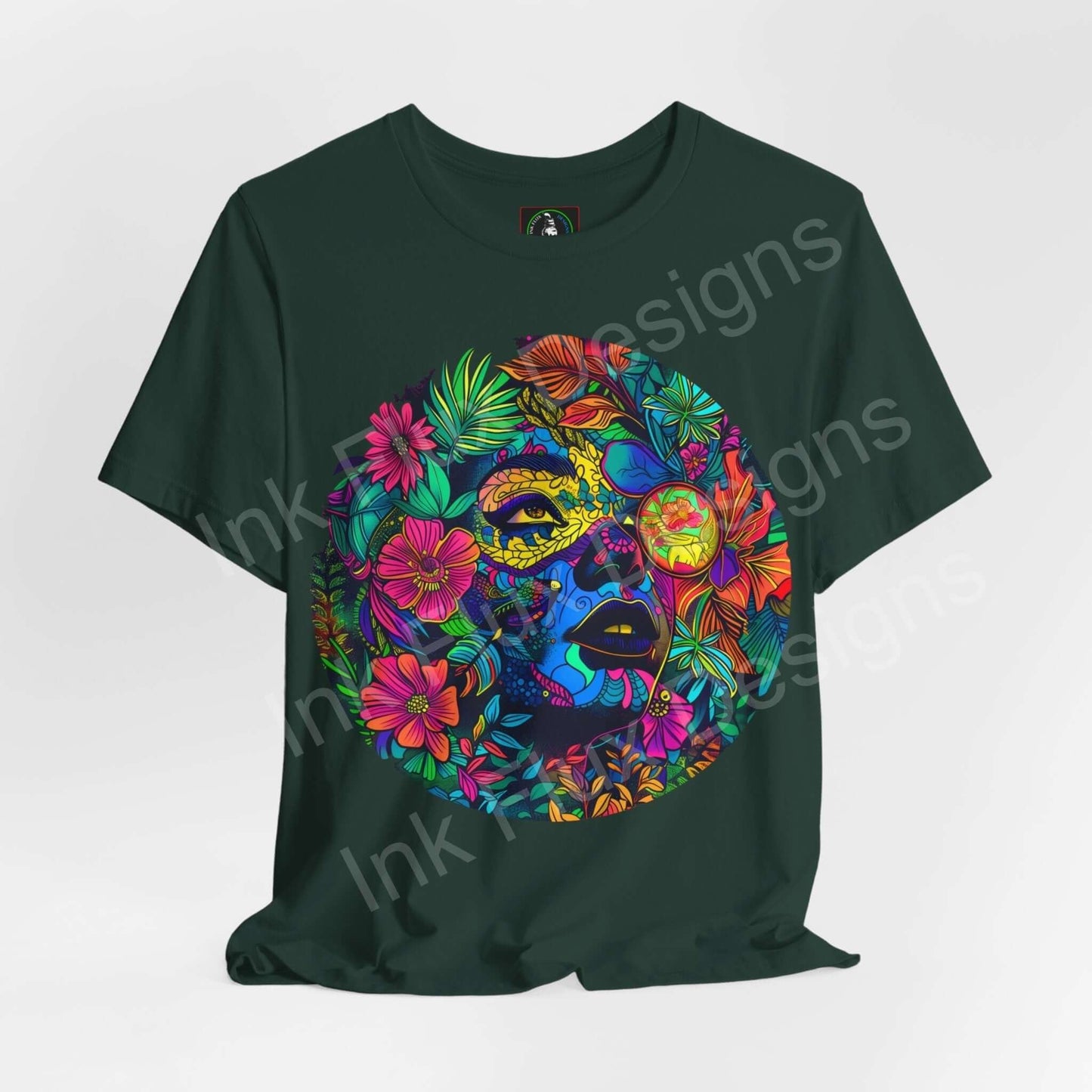 Unisex green tee featuring a bold, psychedelic graphic with colorful floral and trippy face design, perfect for a stylish, casual look.