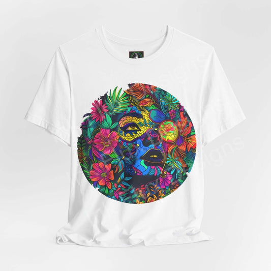 Unisex white jersey T-shirt featuring a psychedelic, trippy graphic print with vibrant floral patterns and bold, colorful face design.