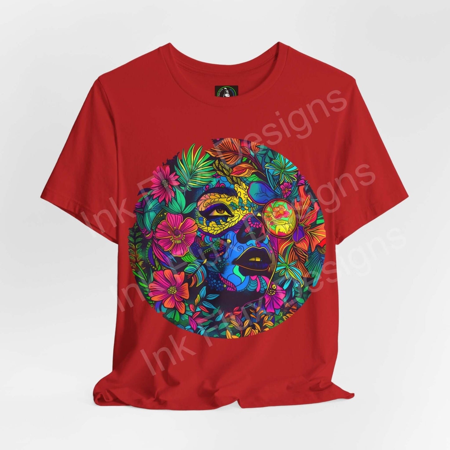 Red unisex T-shirt featuring bold psychedelic graphic of a colorful floral and skull design, ideal for trippy style enthusiasts.