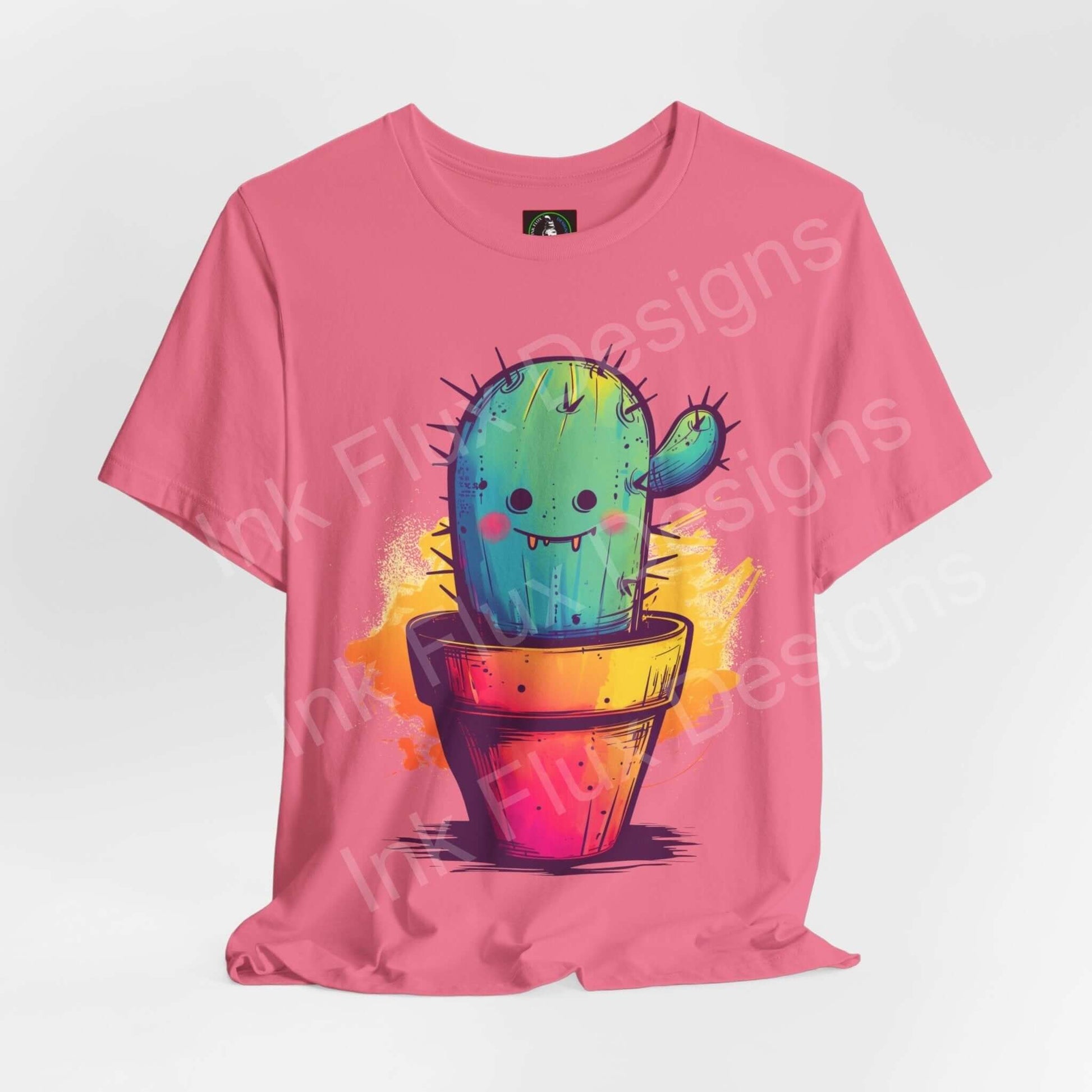 Pink unisex jersey T-shirt featuring a bold graphic of a cute, colorful cactus in a pot, from the Mr. Cactus collection, ideal for style and comfort.