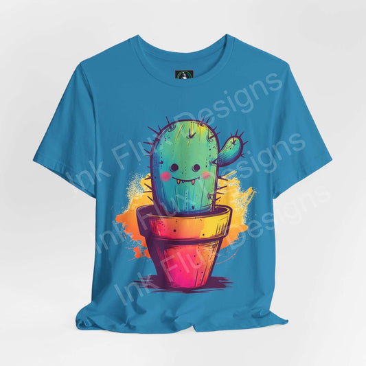 Blue unisex T-shirt featuring a vibrant graphic of a smiling cactus in a colorful pot, from the Mr. Cactus collection of graphic tees.