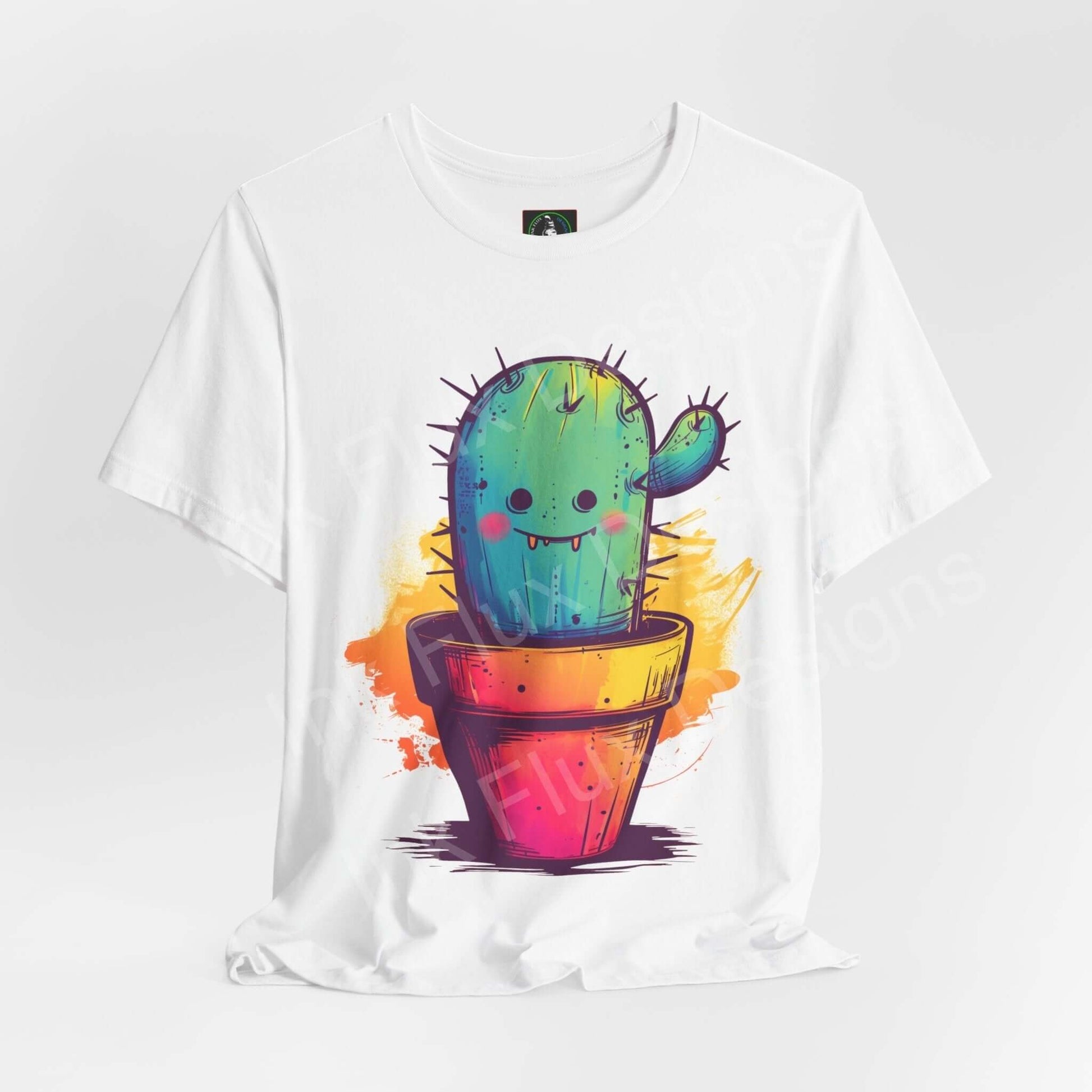 White unisex jersey T-shirt featuring a bold graphic of a colorful cactus in a pot, ideal for casual occasions, labeled as 'Mr. Cactus' by Bella+Canvas.