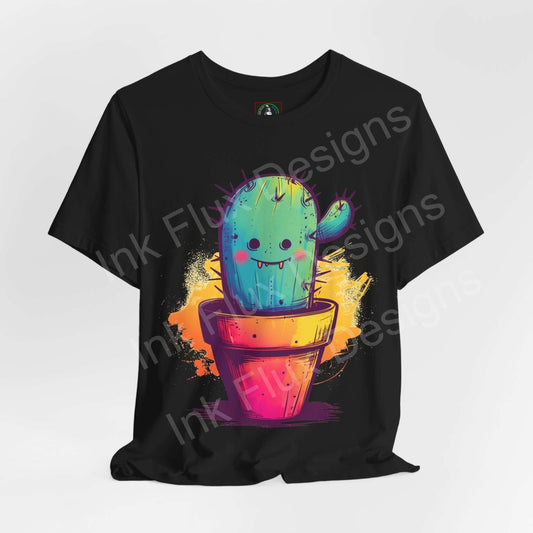 Black unisex jersey T-shirt featuring a vibrant graphic of a smiling cactus in a colorful pot, perfect for casual wear.