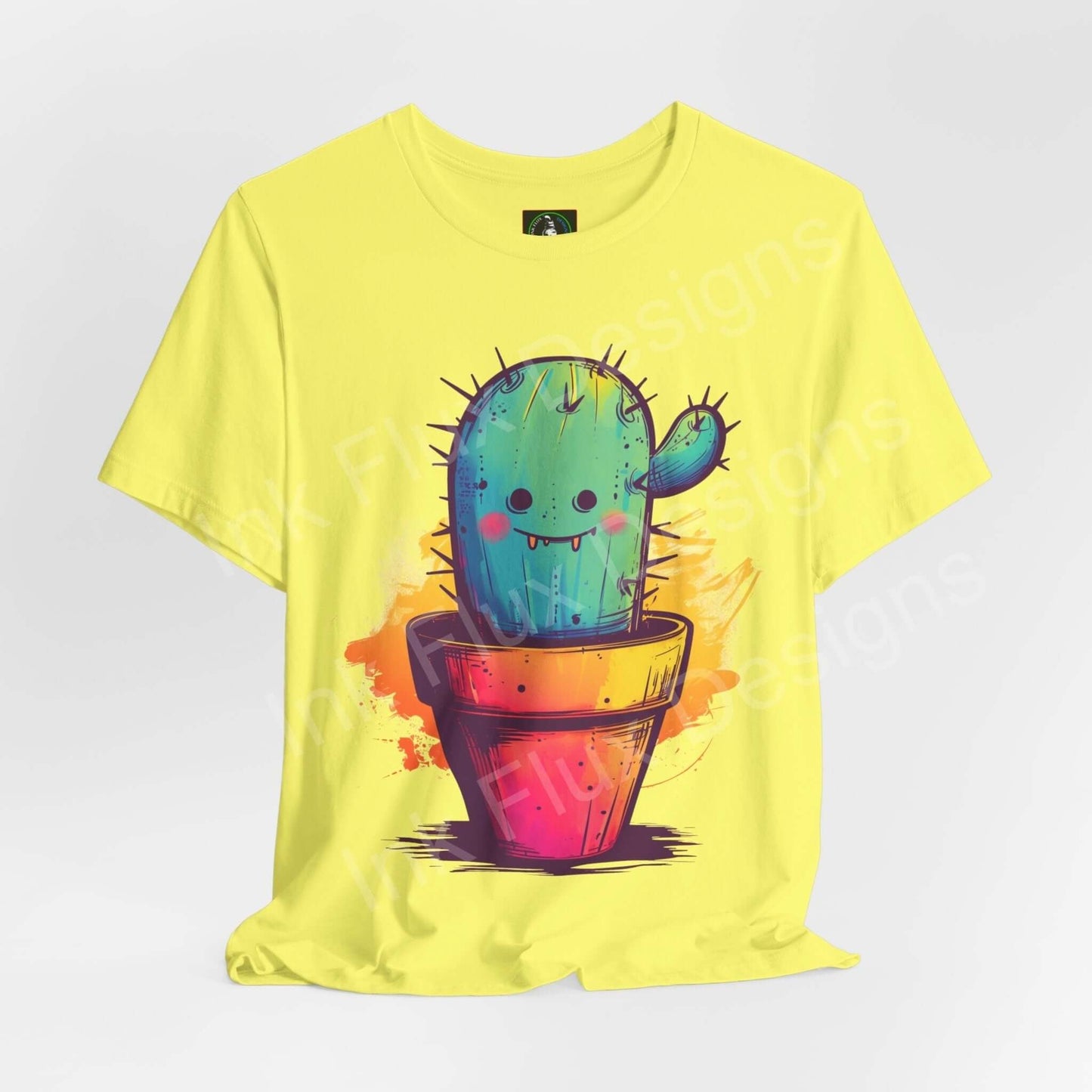 Bright yellow unisex T-shirt featuring a bold graphic of a colorful, smiling cactus in a pot, from the Mr. Cactus collection.