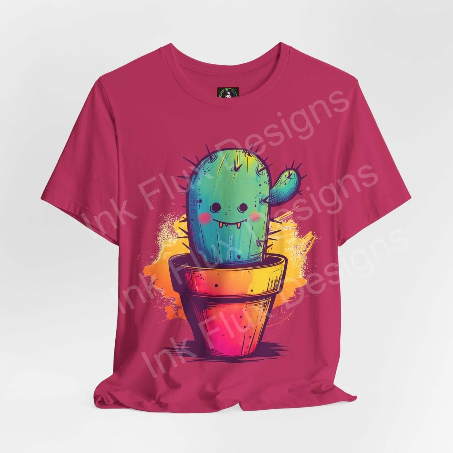 Bold graphic tee featuring a colorful Mr. Cactus design on a magenta unisex jersey T-shirt, showcasing comfortable fit and unique style.