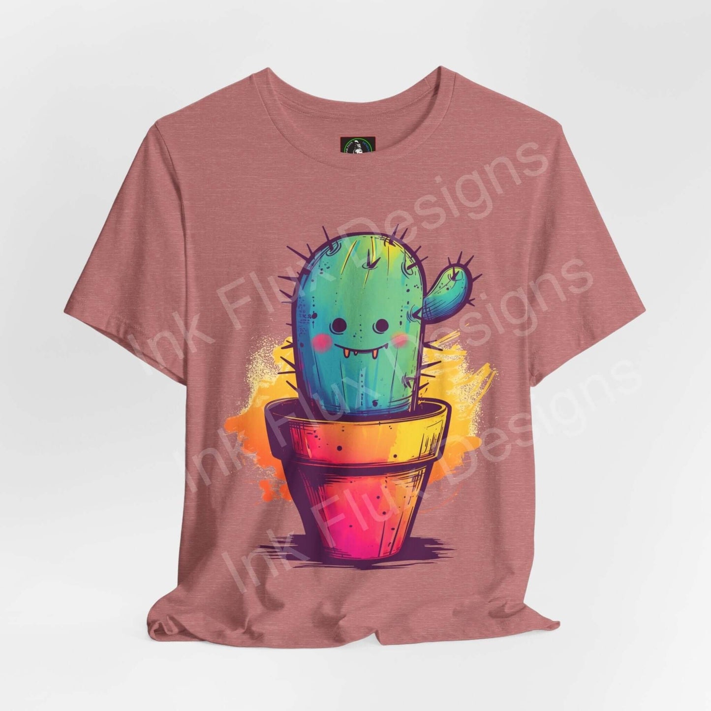 Unisex brown jersey T-shirt featuring a vibrant, colorful graphic of a smiling cactus in a pot, from the Mr. Cactus collection.