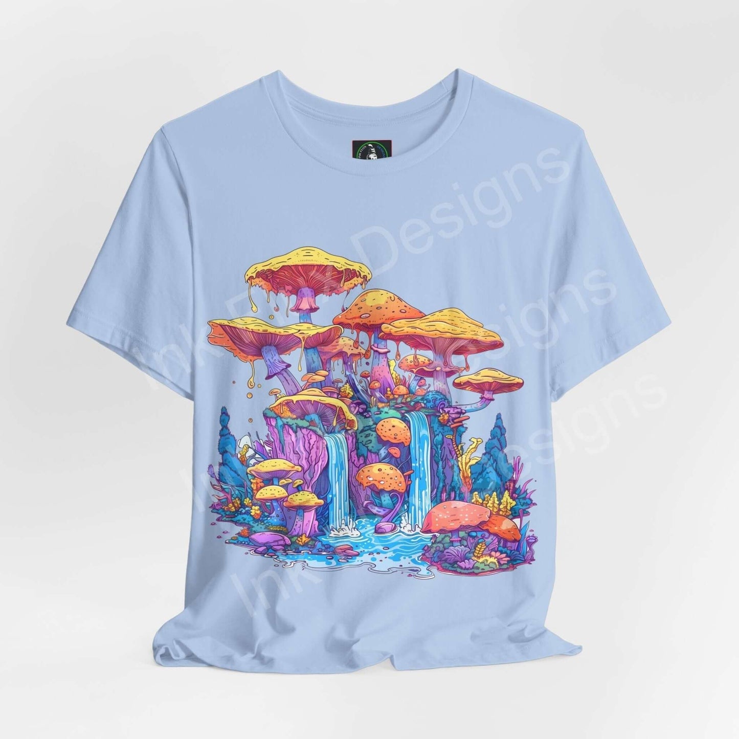 Light blue unisex T-shirt with vibrant, psychedelic mushroom graphic design, ideal for a trippy, stylish look.