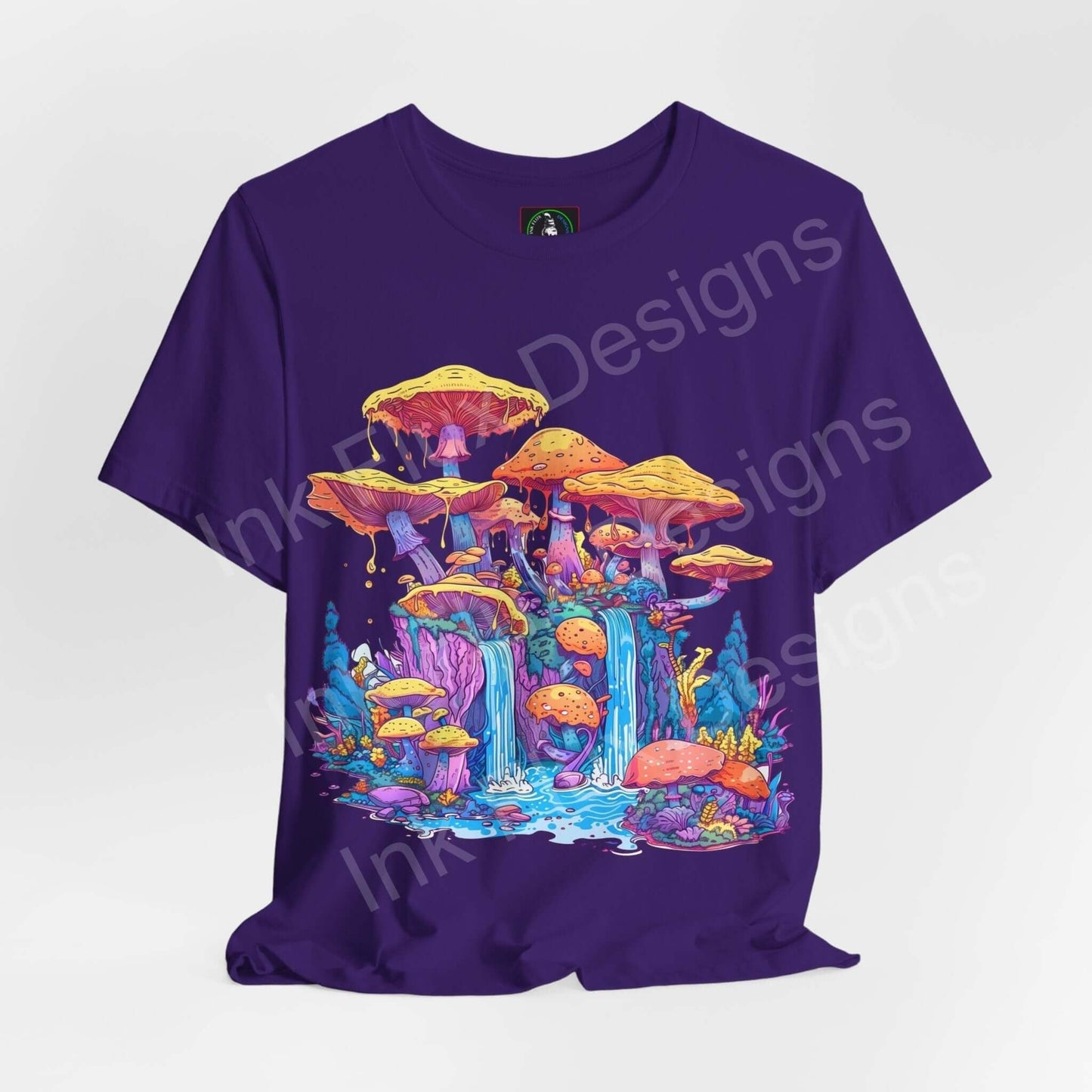 Unisex purple T-shirt with bold, trippy mushroom kingdom graphic print, showcasing vibrant psychedelic designs on high-quality cotton fabric.