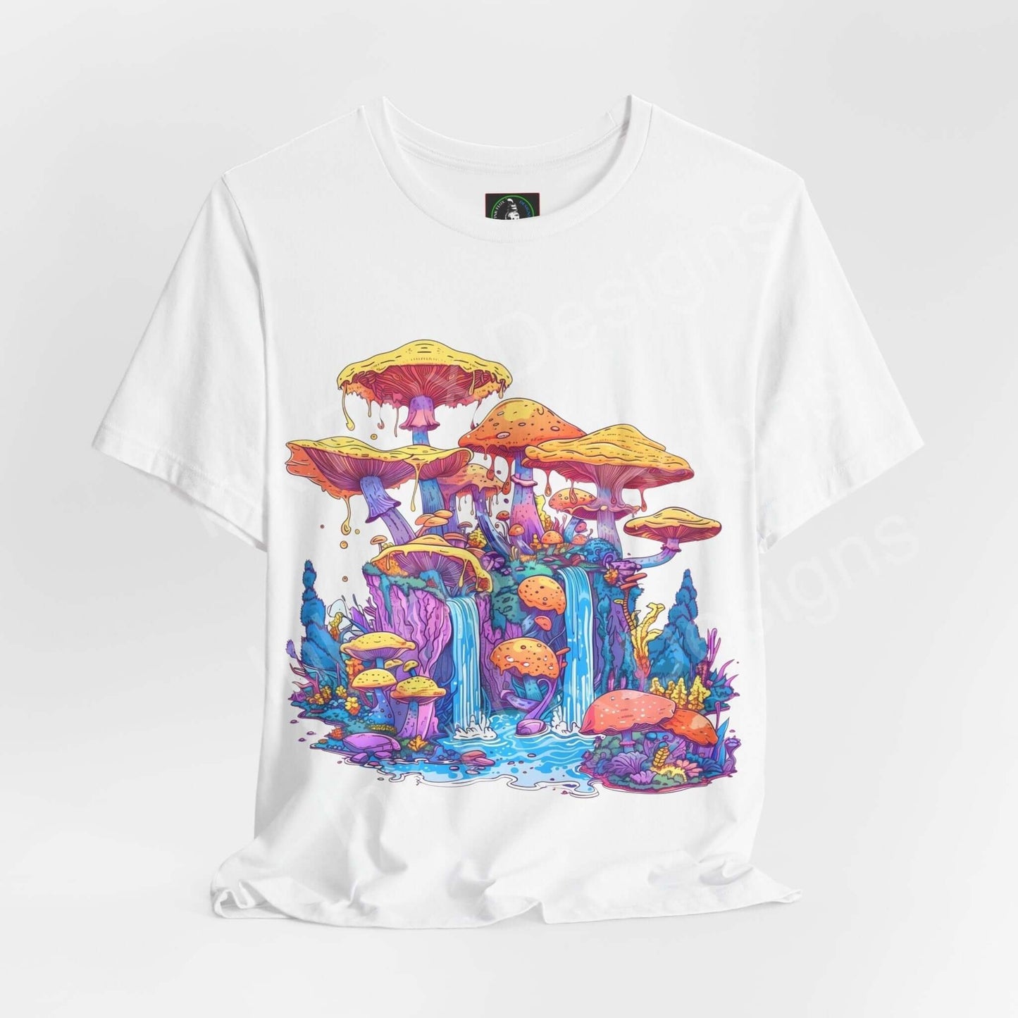 Unisex white T-shirt featuring a vibrant, psychedelic mushroom kingdom graphic, perfect for a bold, trippy style.