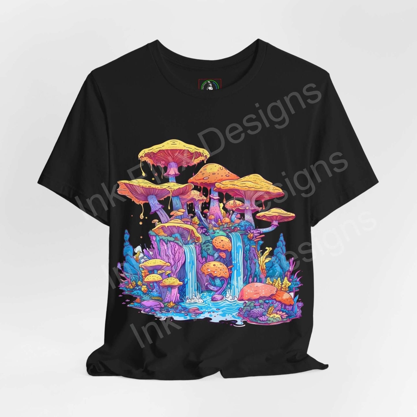 Black unisex T-shirt featuring bold, psychedelic mushroom graphic print with vibrant colors, from Bella+Canvas. Ideal for trippy tee enthusiasts.