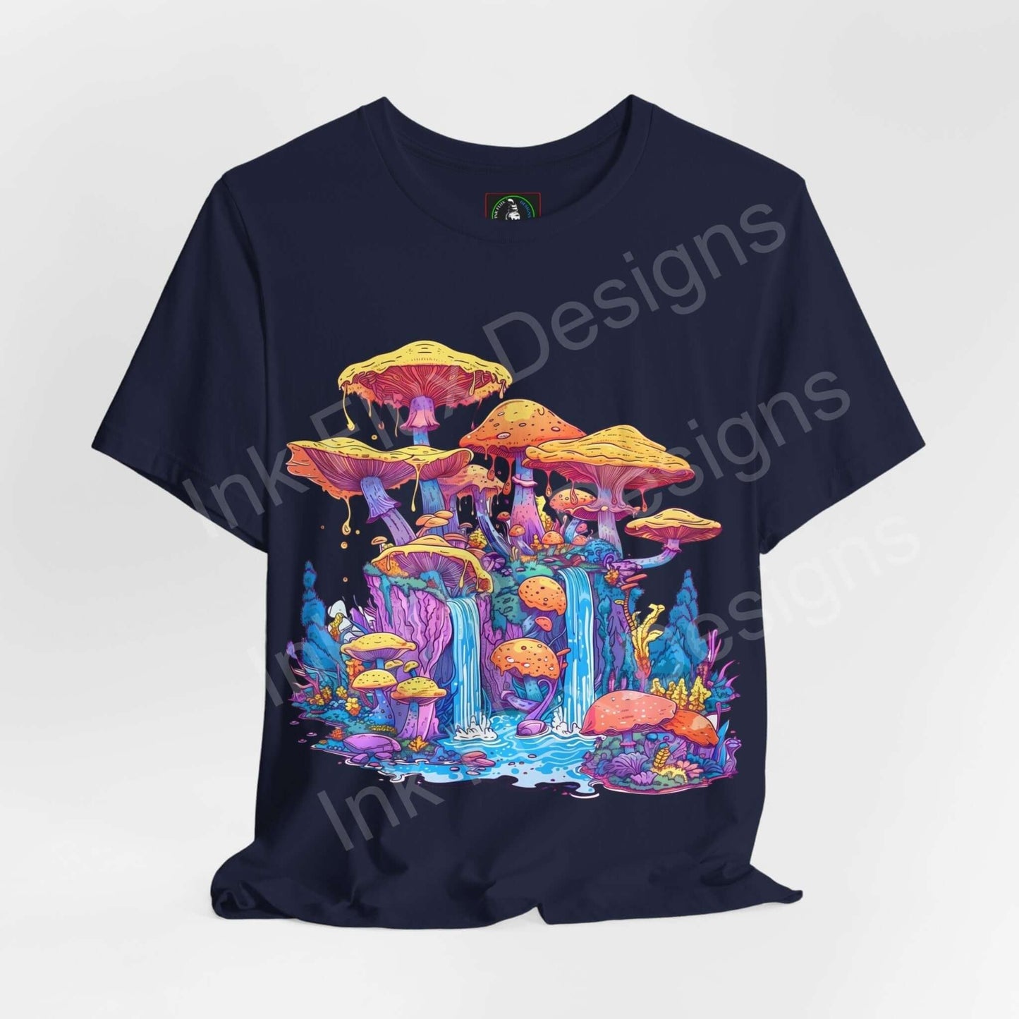 Unisex navy T-shirt featuring bold, psychedelic mushroom kingdom graphic design, ethically made by Bella+Canvas, ideal for stylish comfort.