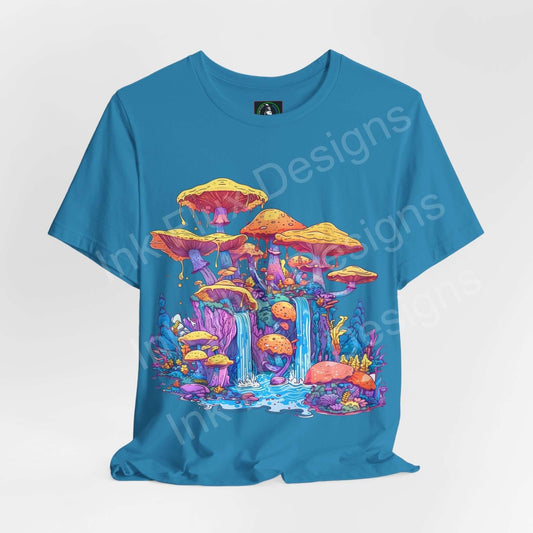Bold graphic tee featuring a vibrant, psychedelic mushroom kingdom design on a blue unisex jersey T-shirt, perfect for a trippy, stylish look.