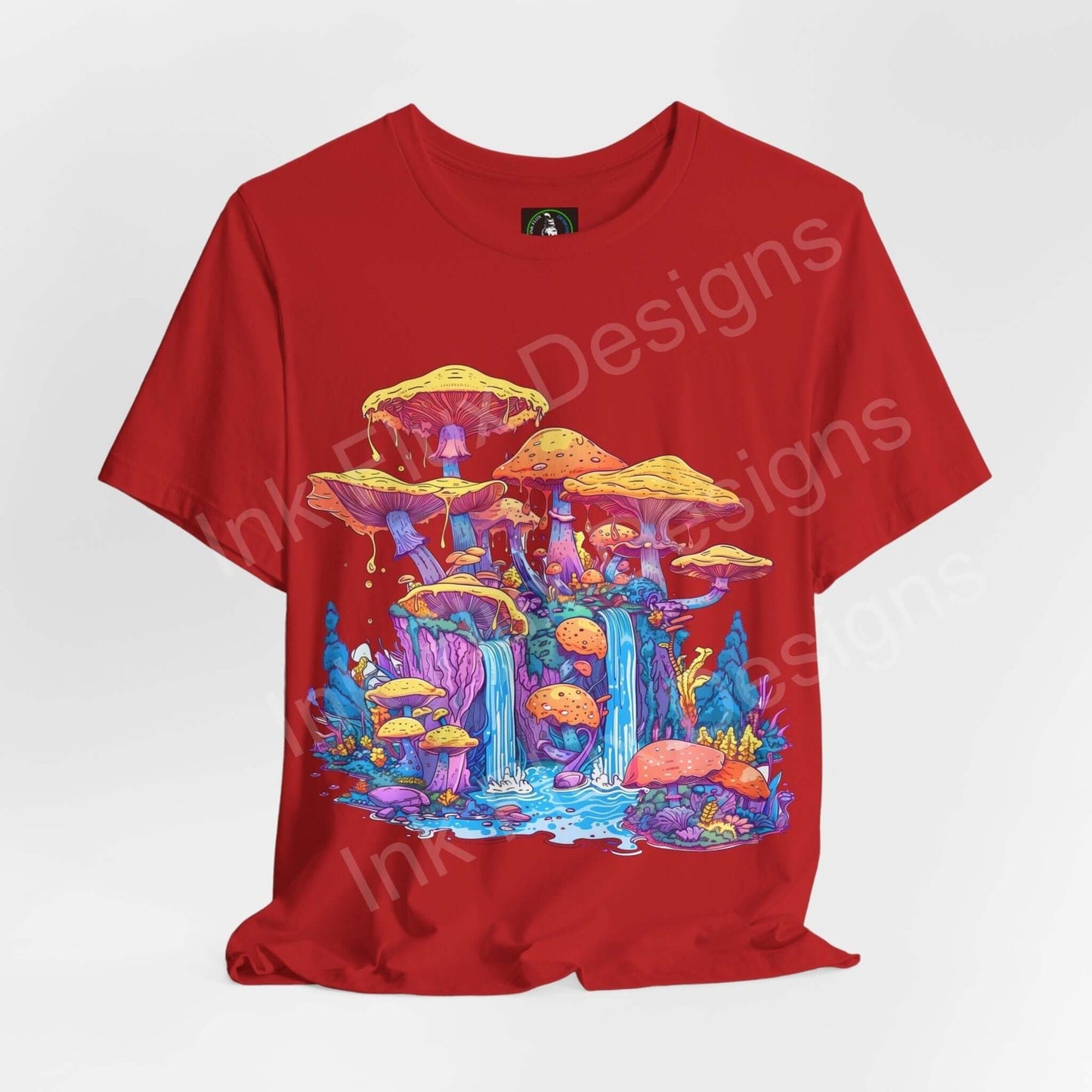Red unisex T-shirt featuring bold, psychedelic mushroom graphics in vibrant colors, perfect for a trippy, stylish look.