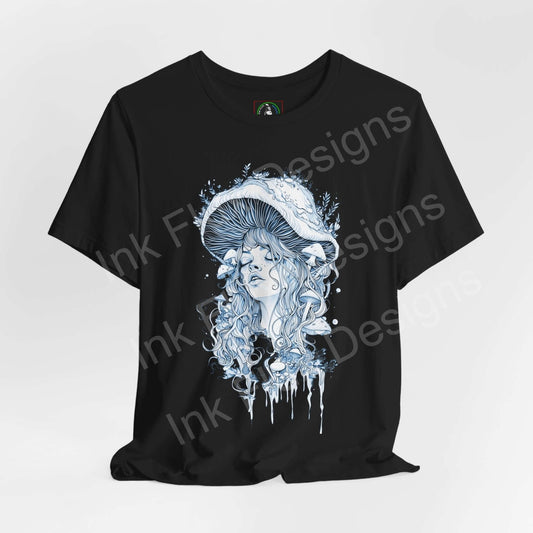 Trippy black unisex T-shirt featuring a bold graphic of a psychedelic mushroom lady design in white and blue tones.