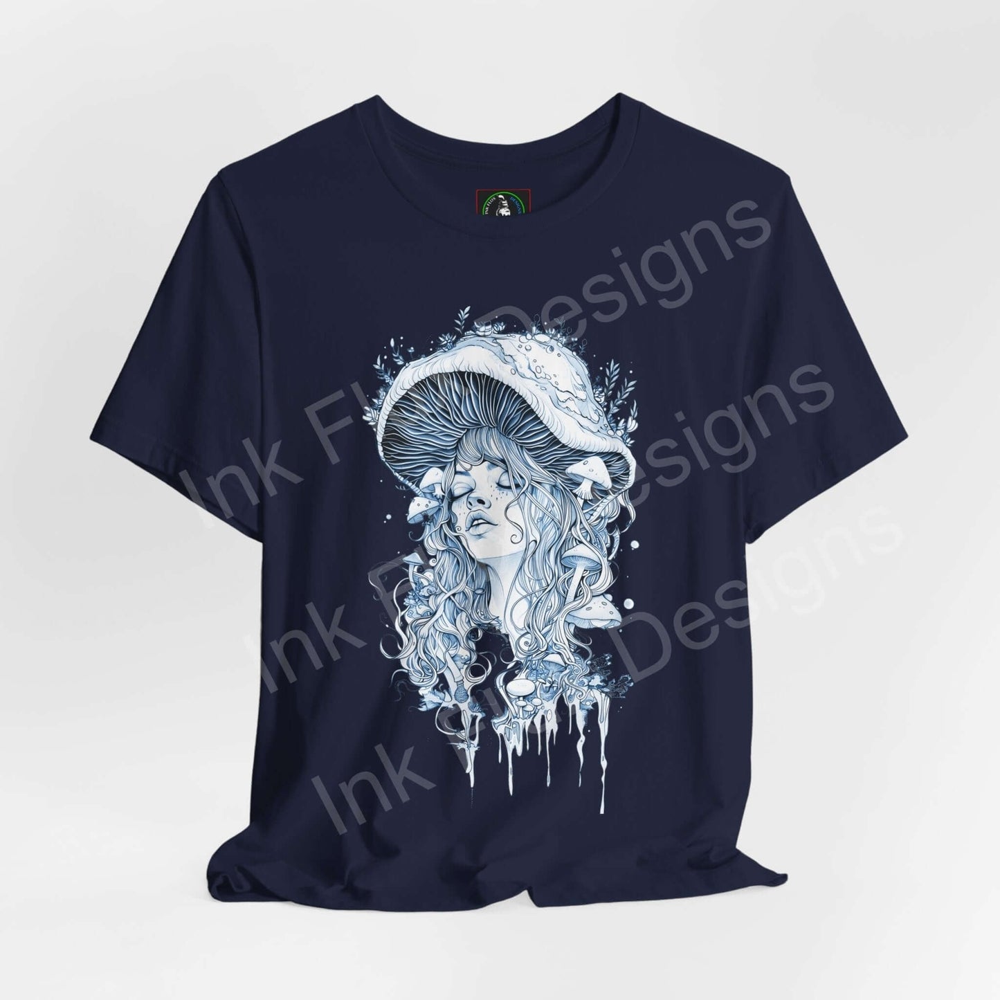 Navy blue unisex T-shirt featuring a bold graphic of a woman with a psychedelic mushroom design, made from soft Airlume cotton, perfect for any occasion.