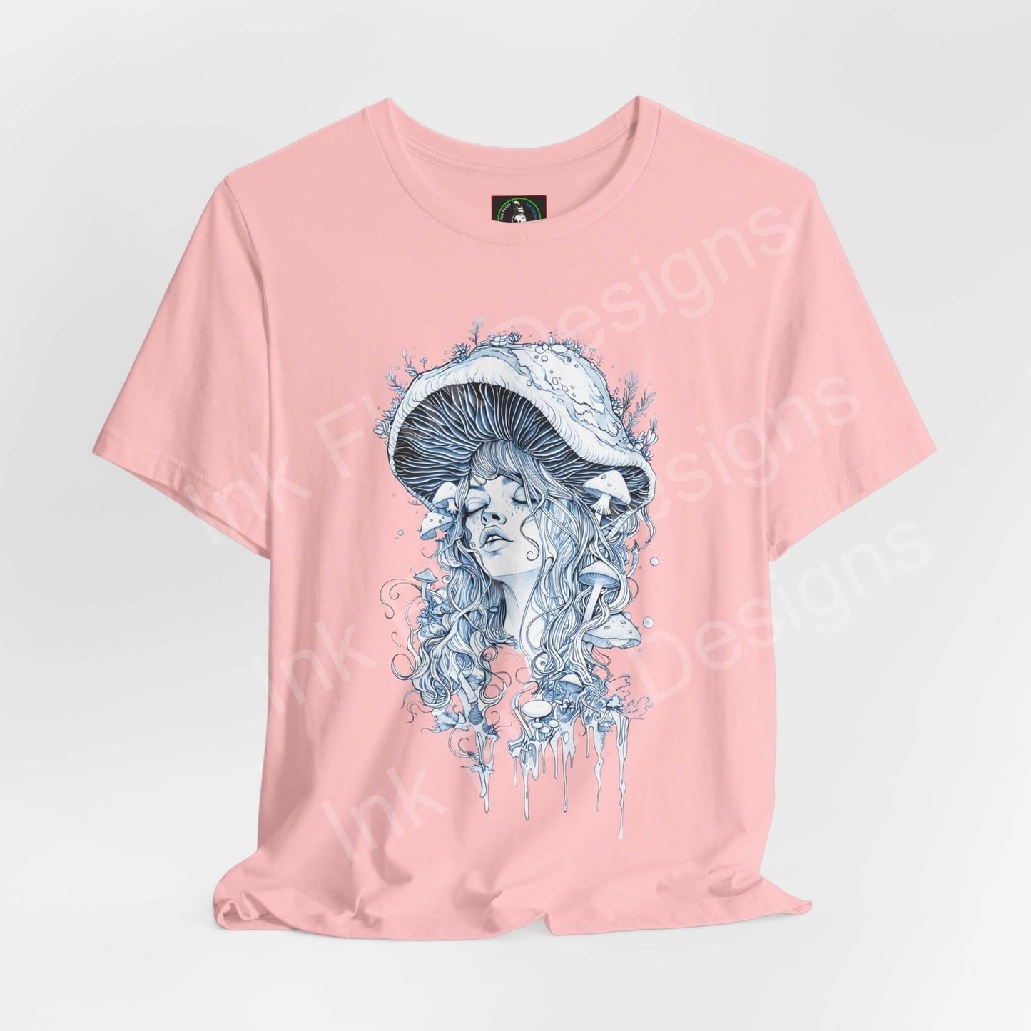 Pink unisex T-shirt featuring bold psychedelic graphic of Mushroom Lady with trippy, intricate designs, by Bella+Canvas.