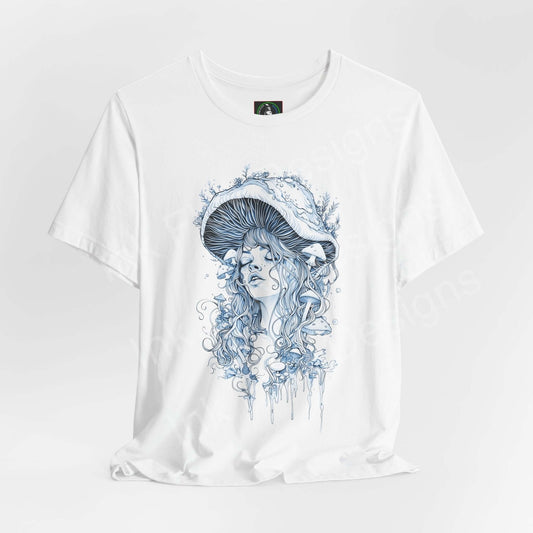Unisex white graphic tee featuring a trippy, psychedelic design of a woman with a mushroom cap, crafted by Bella+Canvas focusing on sustainability.
