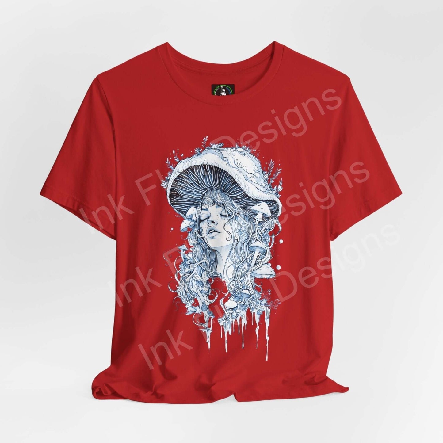 Red unisex jersey T-shirt featuring a bold, psychedelic graphic of a woman with mushroom motifs, from the Mushroom Lady II collection.