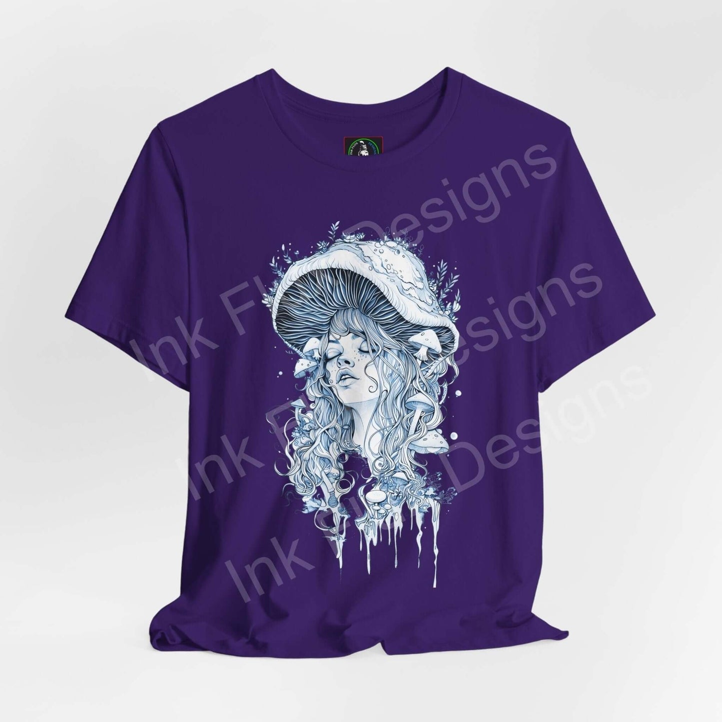 Purple unisex jersey T-shirt featuring a bold, psychedelic graphic of a lady morphing into a mushroom, capturing a trippy, ethereal vibe.