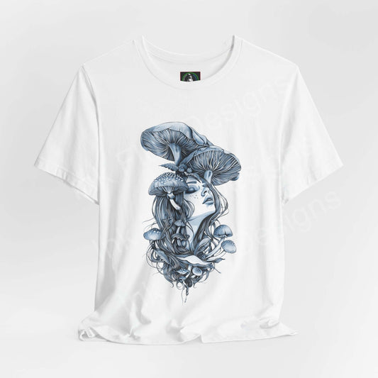 Unisex white graphic tee featuring a trippy mushroom and female face design, made from sustainable Airlume cotton, perfect for bold style enthusiasts.