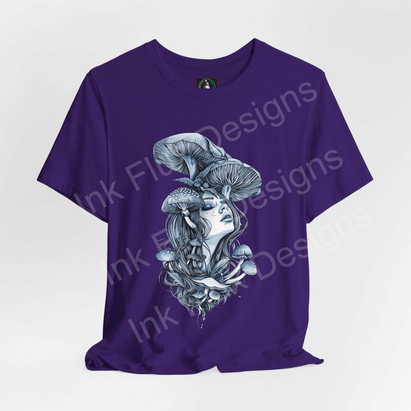 Purple unisex T-shirt with trippy, psychedelic graphic of a woman adorned with mushrooms, offering a bold style for graphic tee enthusiasts.