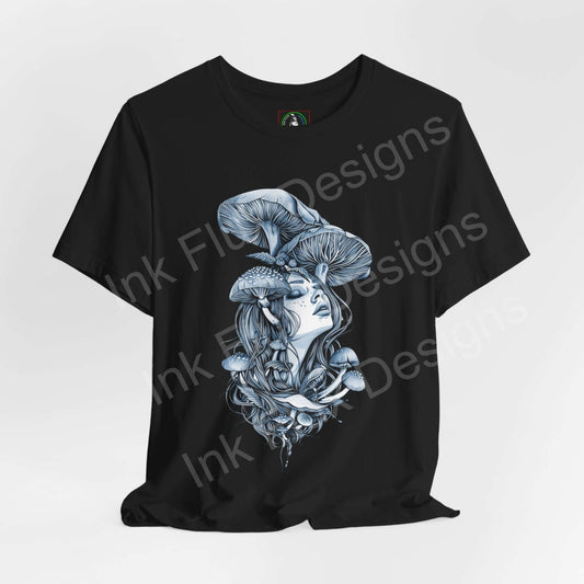 Black unisex T-shirt featuring a trippy, psychedelic mushroom lady graphic in blue tones, perfect for bold graphic tee enthusiasts.