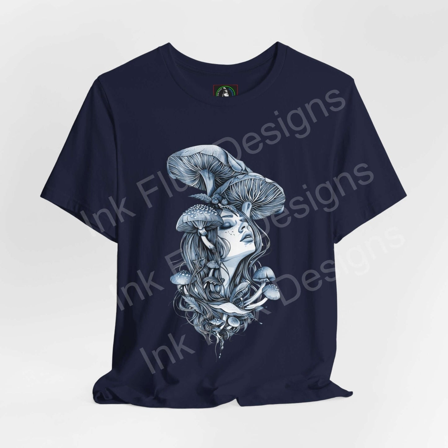 Navy blue unisex jersey T-shirt featuring bold, trippy graphic of a woman with mushroom motifs from Mushroom Lady III collection.