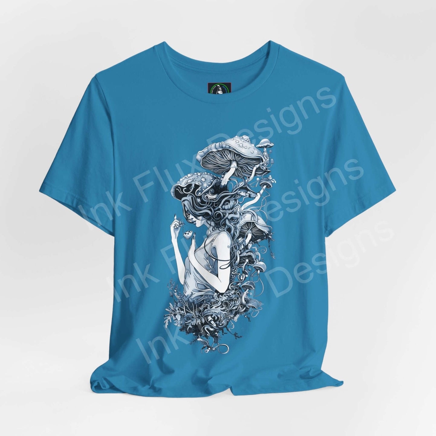 Psychedelic graphic tee featuring bold trippy mushroom designs on a blue unisex T-shirt, perfect for stylish comfort and durability.