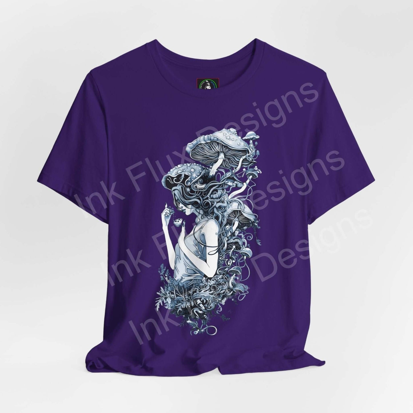 Unisex purple T-shirt with psychedelic mushroom lady graphic, featuring bold trippy illustrations on breathable cotton fabric.