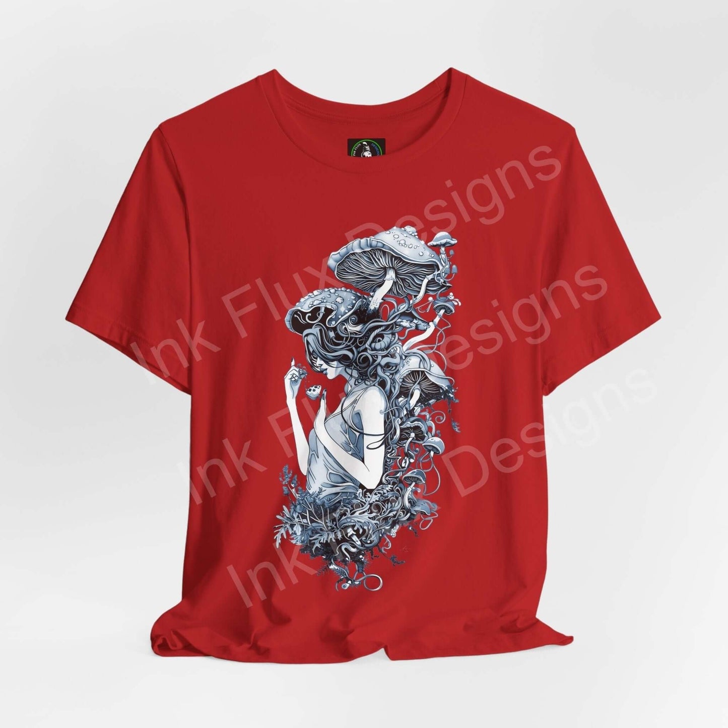Red unisex T-shirt with bold trippy mushroom graphic design, featuring soft Airlume cotton and sustainable production by Bella+Canvas.