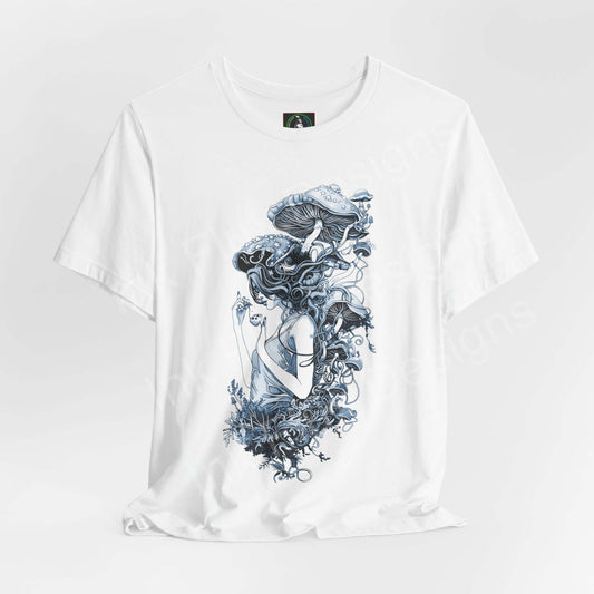 White unisex jersey T-shirt featuring a trippy, psychedelic graphic of a Mushroom lady, crafted from breathable Airlume cotton, ideal for bold graphic tee enthusiasts.