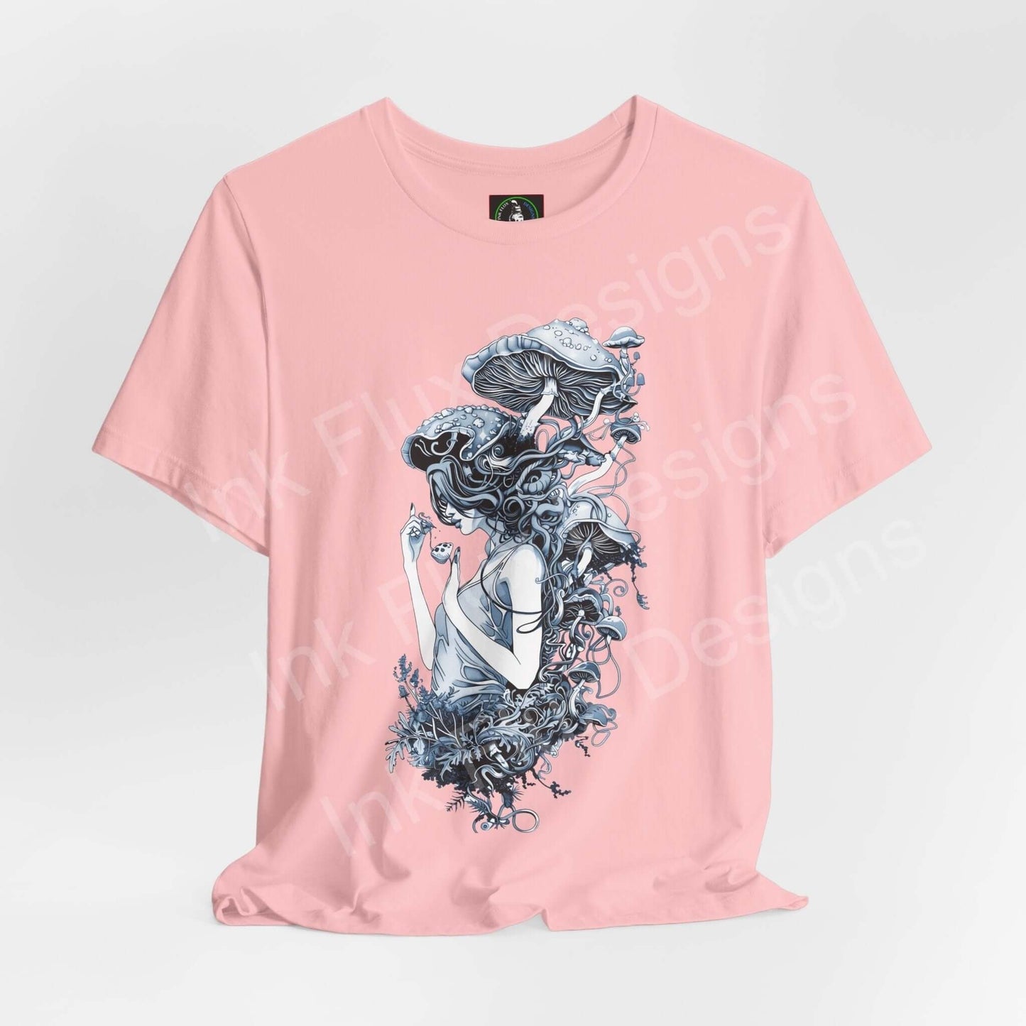 Pink unisex T-shirt with a detailed, bold graphic of a psychedelic Mushroom lady, combining trippy and stylish elements on a soft cotton tee.