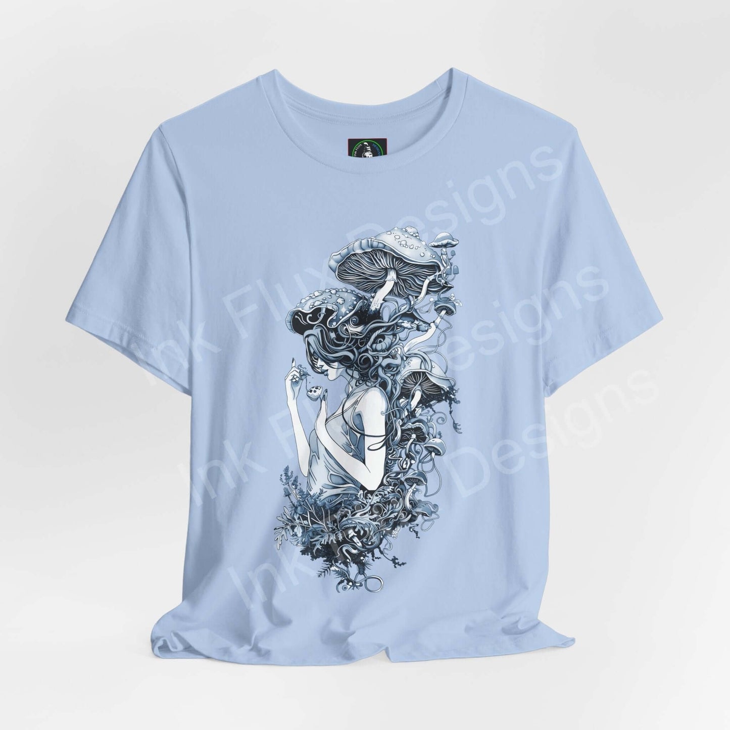Light blue unisex T-shirt featuring bold, trippy mushroom lady graphic design, ideal for psychedelic style enthusiasts.