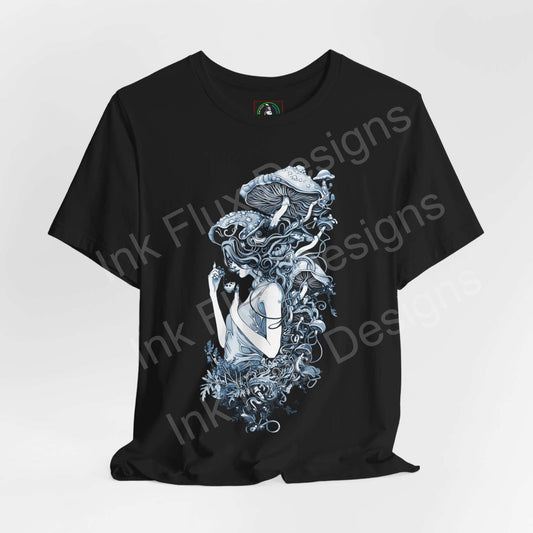 Black unisex T-shirt featuring a bold, psychedelic graphic of a mushroom lady, perfect for fans of trippy, graphic tees.