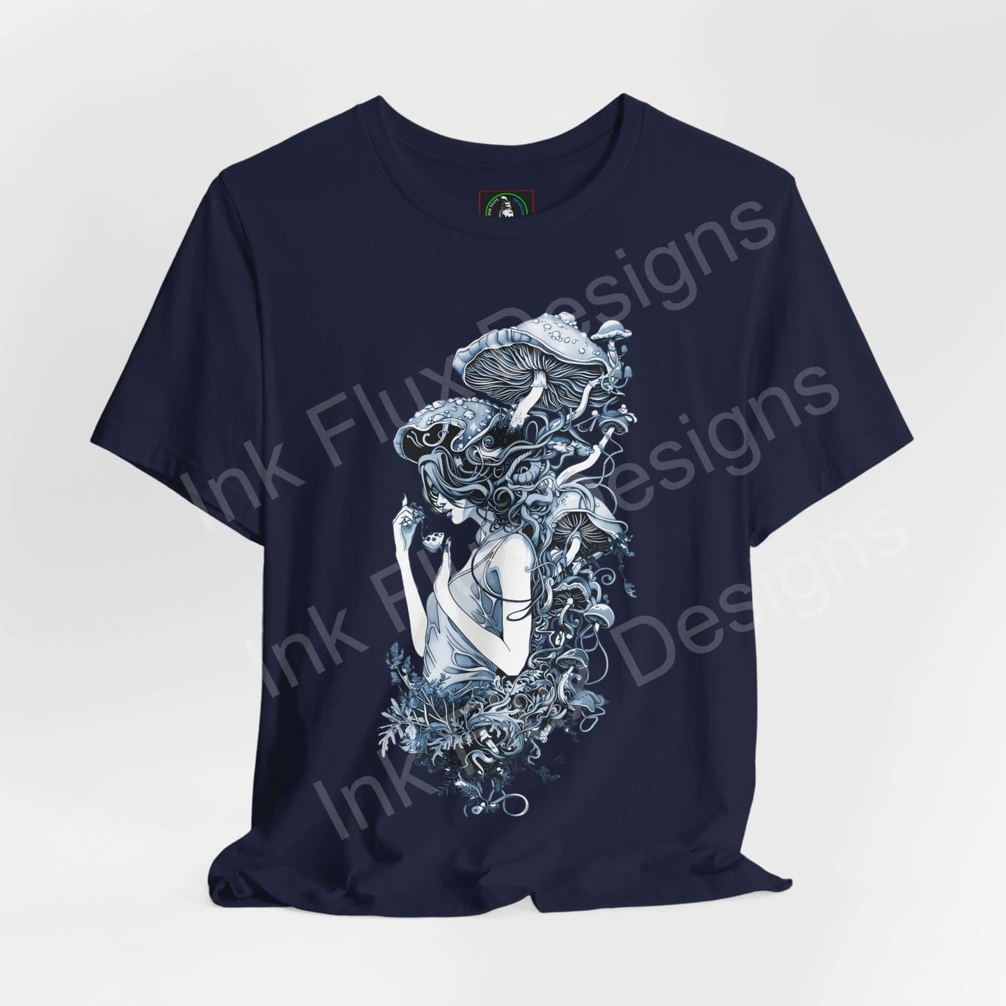 Unisex navy blue graphic tee featuring a psychedelic mushroom lady design, crafted from soft Airlume cotton, perfect for style and comfort.