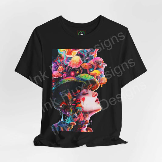 Black unisex T-shirt featuring a bold, psychedelic graphic of a woman with colorful mushrooms and trippy designs, perfect for graphic tee enthusiasts.