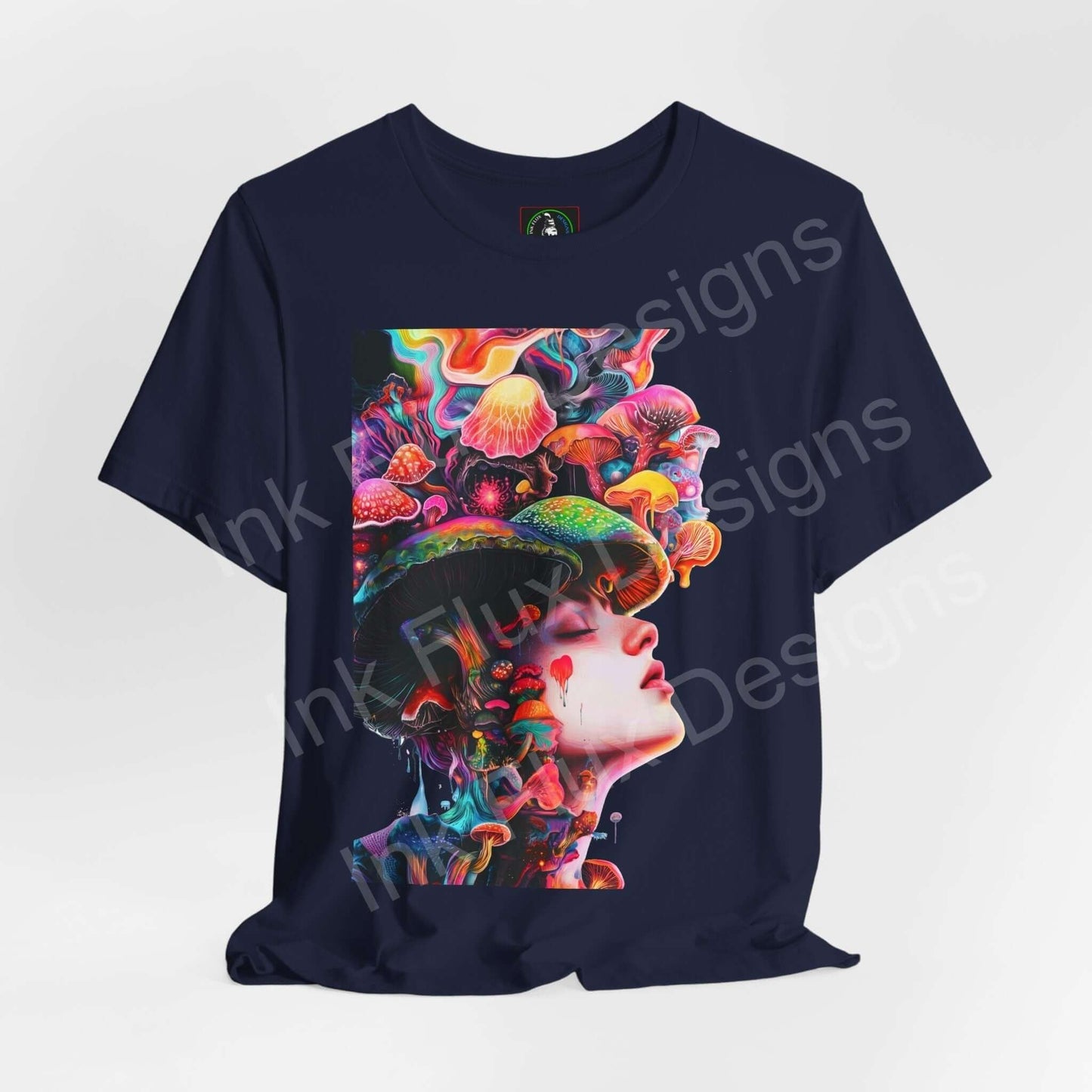 Unisex navy T-shirt featuring bold psychedelic graphics of a person with a colorful mushroom cap design, showcasing a trippy, vibrant aesthetic.