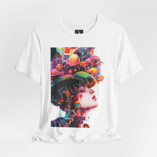 Graphic tee featuring a psychedelic design with vibrant mushrooms and a trippy portrait, crafted from sustainable Airlume cotton by Bella+Canvas.