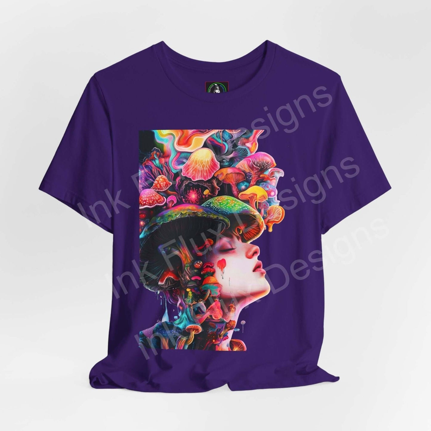 Purple unisex T-shirt featuring a bold, psychedelic graphic of a woman with colorful mushrooms design, perfect for a trippy, stylish look.