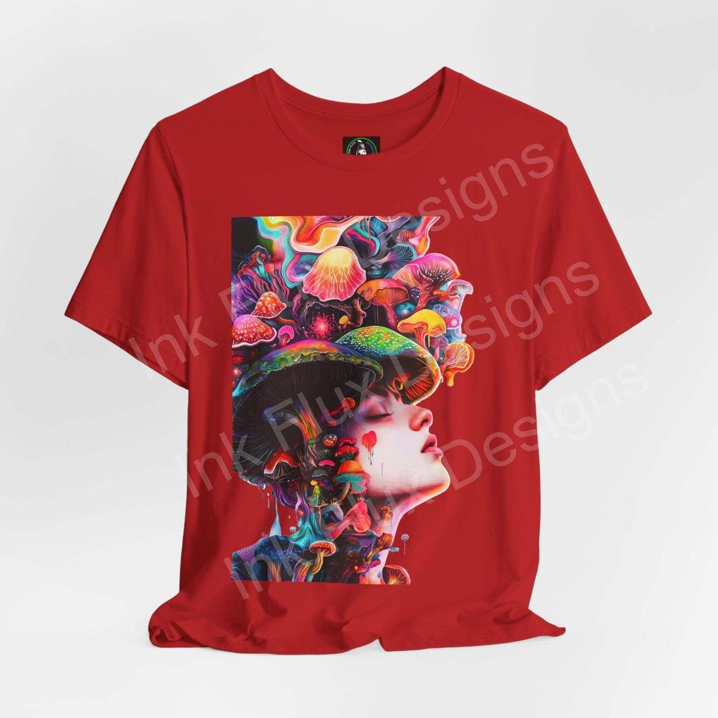 Red unisex T-shirt featuring bold psychedelic graphic of a woman with mushroom and vibrant patterns, perfect for a trippy style.