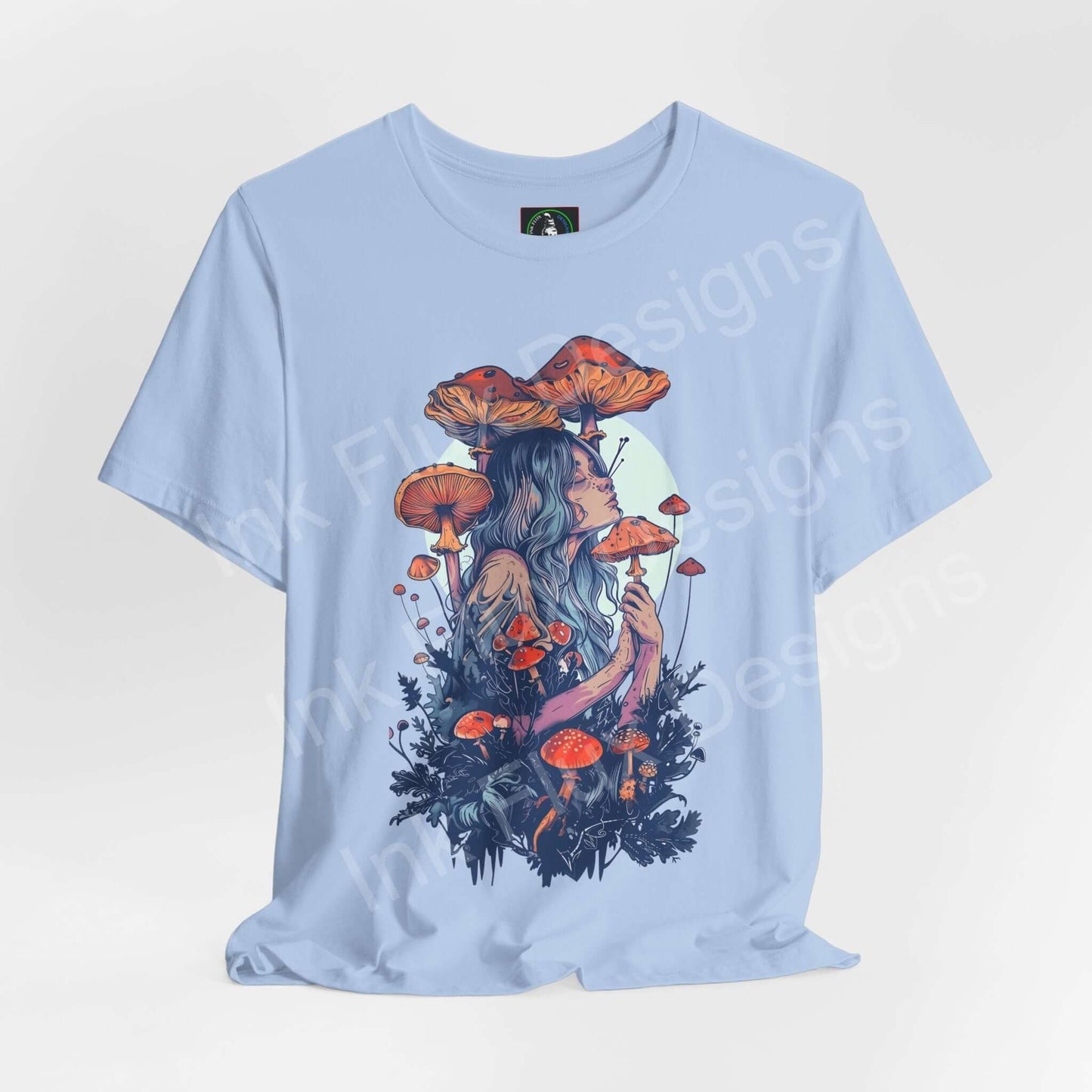 Unisex sky blue jersey T-shirt featuring a trippy, bold graphic of a woman merged with vibrant mushrooms and foliage, from the Mushroom Lady VI collection.