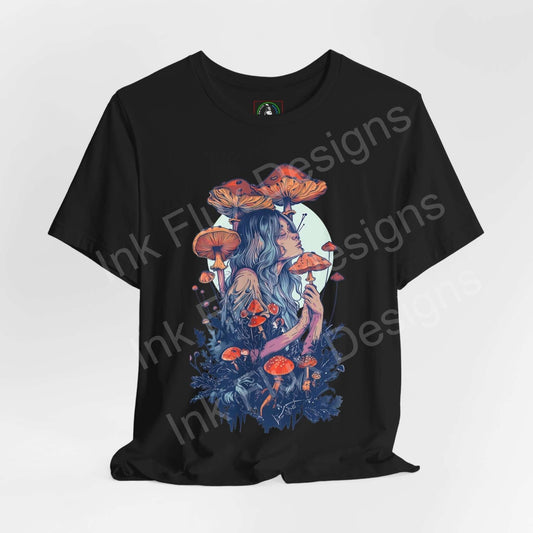 Black unisex T-shirt featuring bold, trippy graphic of a woman with mushroom motifs, ideal for fans of psychedelic and graphic tees.