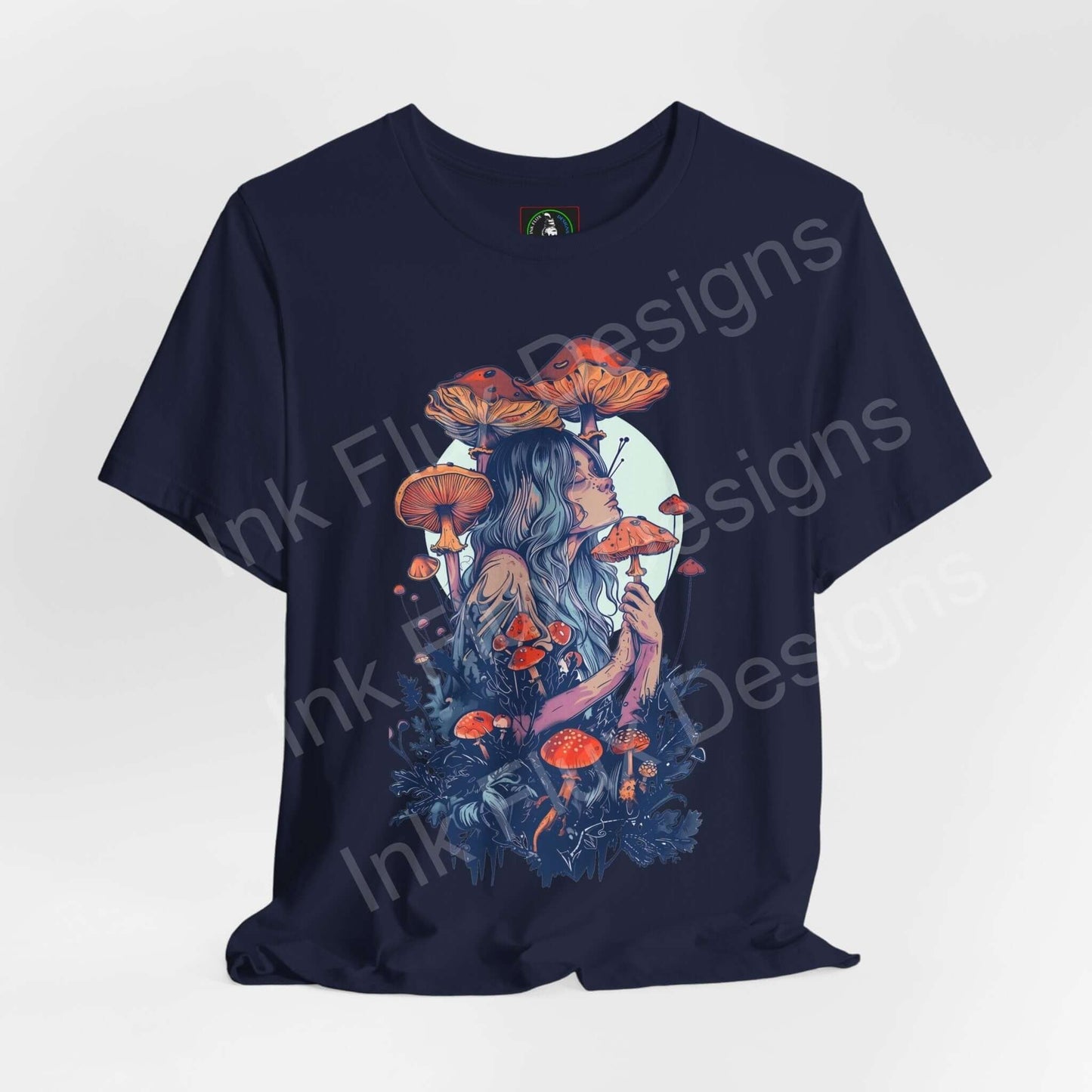 Unisex navy T-shirt featuring bold, trippy mushroom and lady graphic design, crafted from breathable Airlume cotton, ideal for a psychedelic style.
