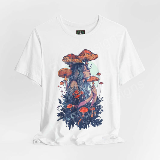 White unisex jersey T-shirt featuring a bold, trippy graphic of a woman and mushrooms in vibrant colors, ideal for psychedelic style enthusiasts.