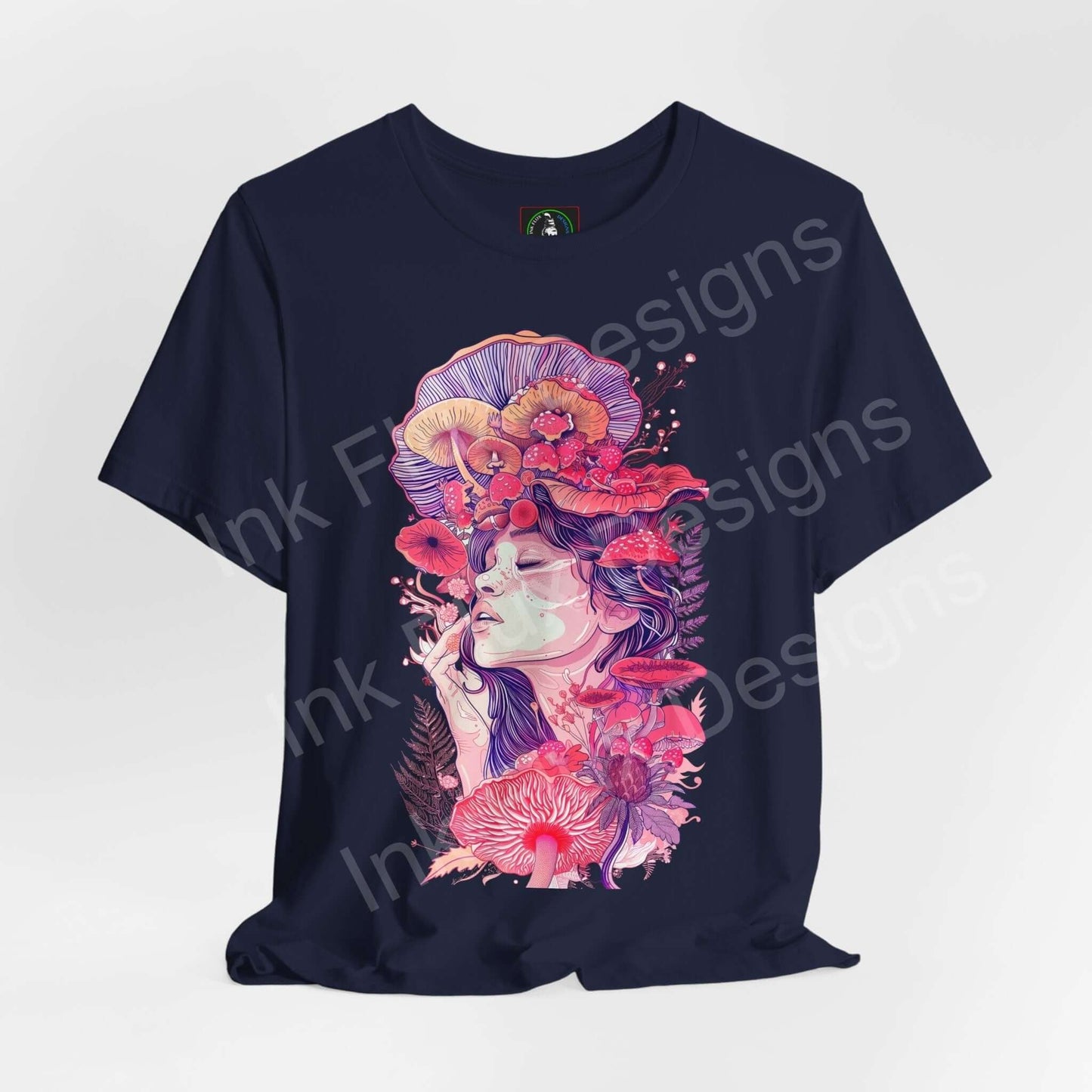Unisex dark navy T-shirt featuring a bold, psychedelic graphic of a woman with a mushroom and floral design, from the Mushroom Lady VII collection.